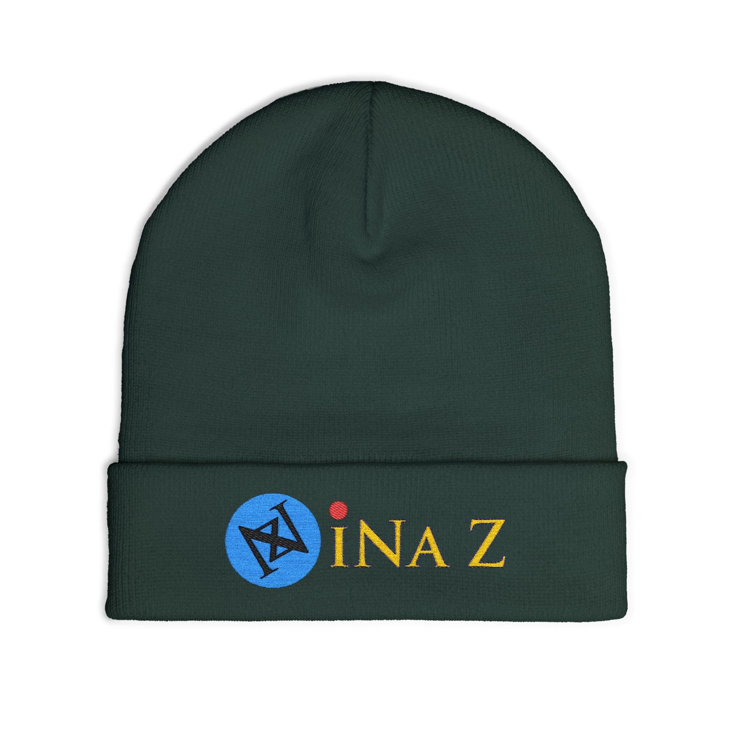 INa Z version BaEl (blue) - Embroidered Target Knit Beanie – Cozy Winter Hat with Minimal Red Circle Accent