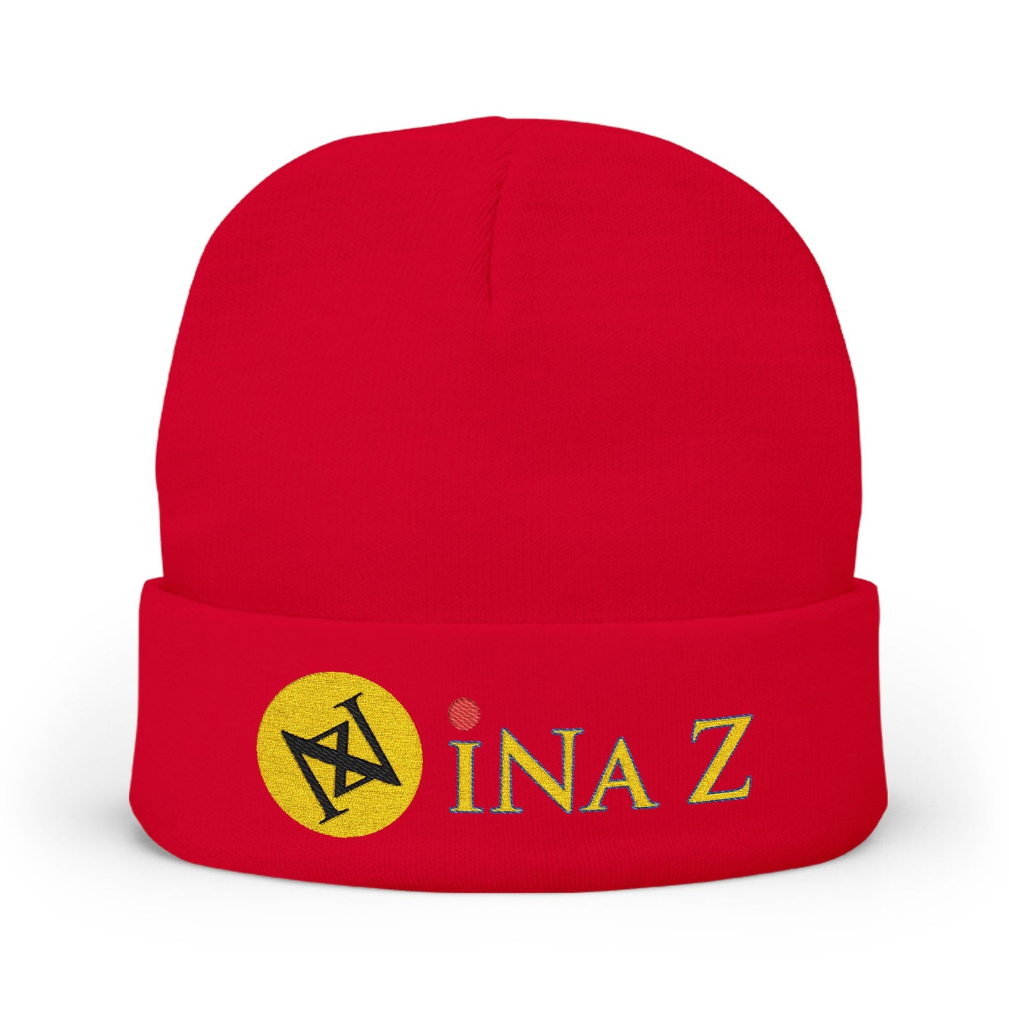 INa Z version ElOm (Yellow) - Embroidered Target Knit Beanie – Cozy Winter Hat with Minimal Red Circle Accent