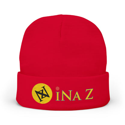 INa Z version ElOm (Yellow) - Embroidered Target Knit Beanie – Cozy Winter Hat with Minimal Red Circle Accent