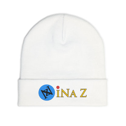 INa Z version BaEl (blue) - Embroidered Target Knit Beanie – Cozy Winter Hat with Minimal Red Circle Accent