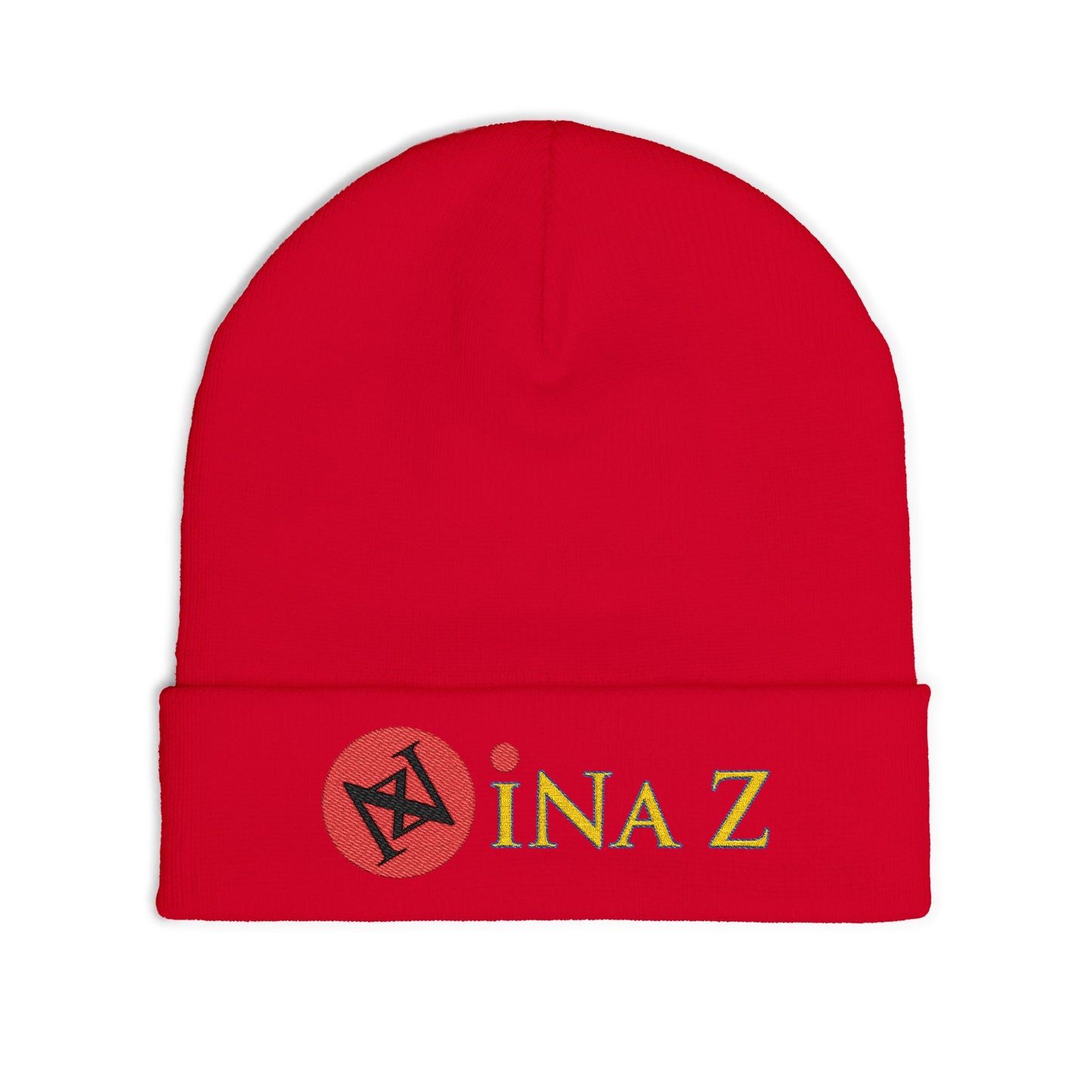 INa Z - Embroidered Target Knit Beanie – Cozy Winter Hat with Minimal Red Circle Accent