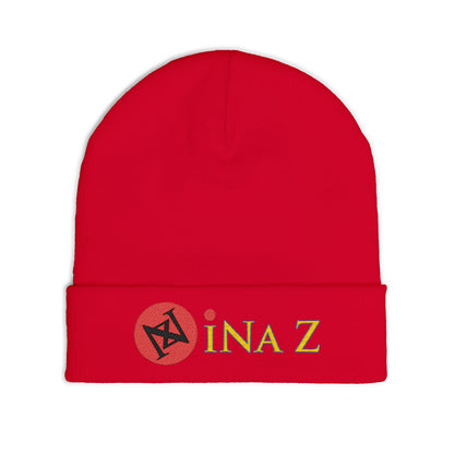 INa Z - Embroidered Target Knit Beanie – Cozy Winter Hat with Minimal Red Circle Accent