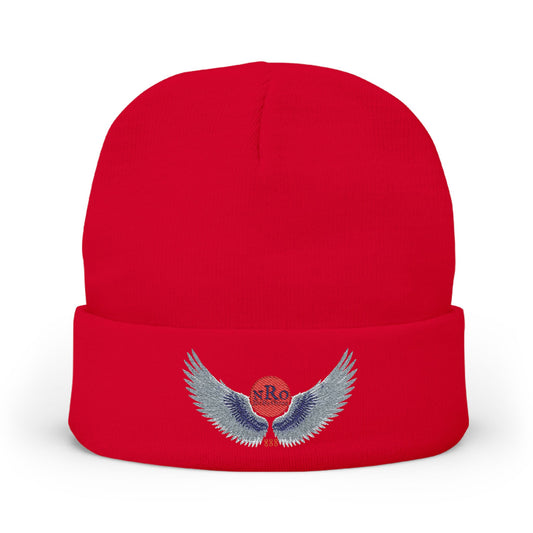 Nu Ra Order - Embroidered Target Knit Beanie – Cozy Winter Hat with Minimal Red Circle Accent