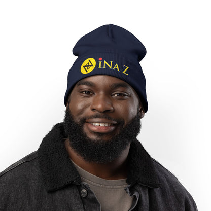 INa Z version ElOm (Yellow) - Embroidered Target Knit Beanie – Cozy Winter Hat with Minimal Red Circle Accent