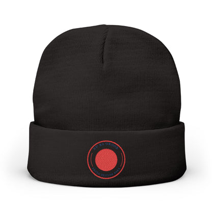 Nu Ra Order -NRO - Embroidered Target Knit Beanie – Cozy Winter Hat with Minimal Red Circle Accent