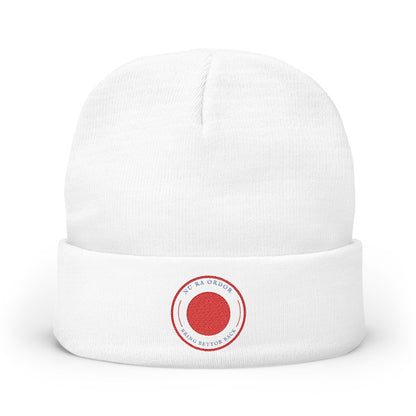 Nu Ra Order -NRO - Embroidered Target Knit Beanie – Cozy Winter Hat with Minimal Red Circle Accent