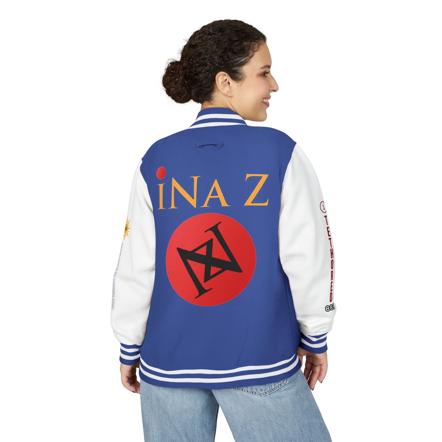 iNa Z Letterman Jacket — INA Z Red & White Varsity Jacket with Logo