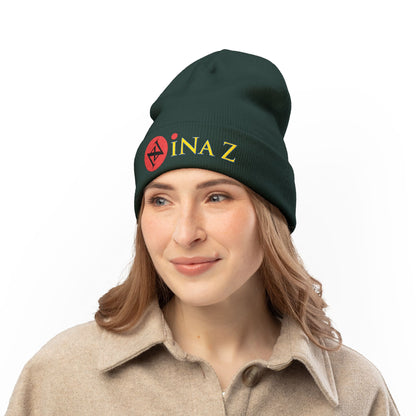 INa Z - Embroidered Target Knit Beanie – Cozy Winter Hat with Minimal Red Circle Accent