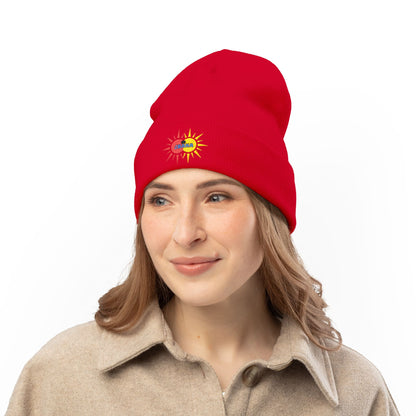 EL baKa Twin SaOn - Embroidered Target Knit Beanie – Cozy Winter Hat with Minimal Red Circle Accent