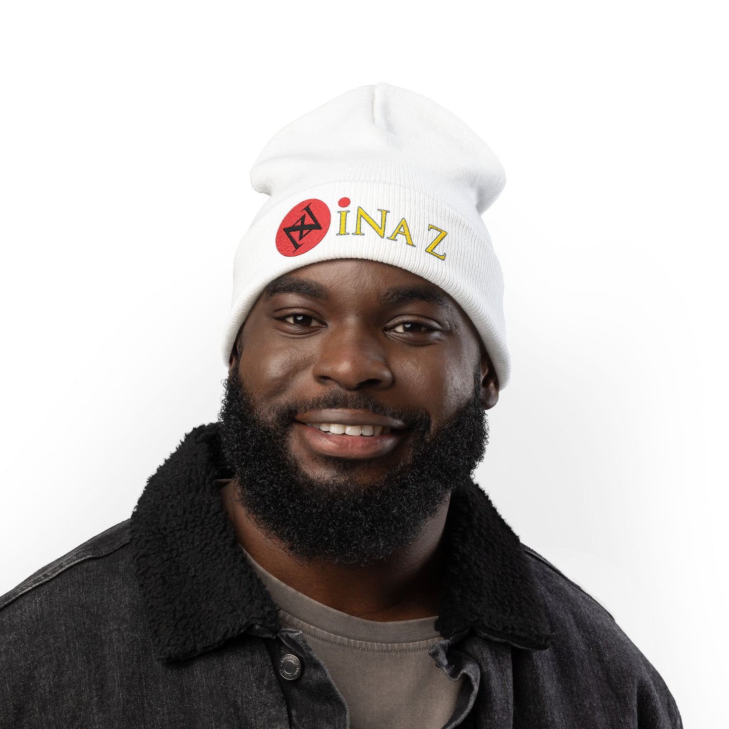 INa Z - Embroidered Target Knit Beanie – Cozy Winter Hat with Minimal Red Circle Accent