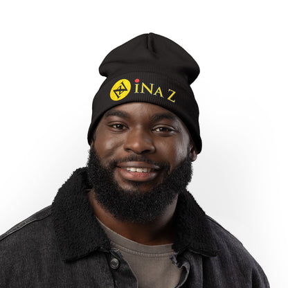 INa Z version ElOm (Yellow) - Embroidered Target Knit Beanie – Cozy Winter Hat with Minimal Red Circle Accent