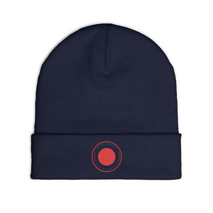 Nu Ra Order -NRO - Embroidered Target Knit Beanie – Cozy Winter Hat with Minimal Red Circle Accent