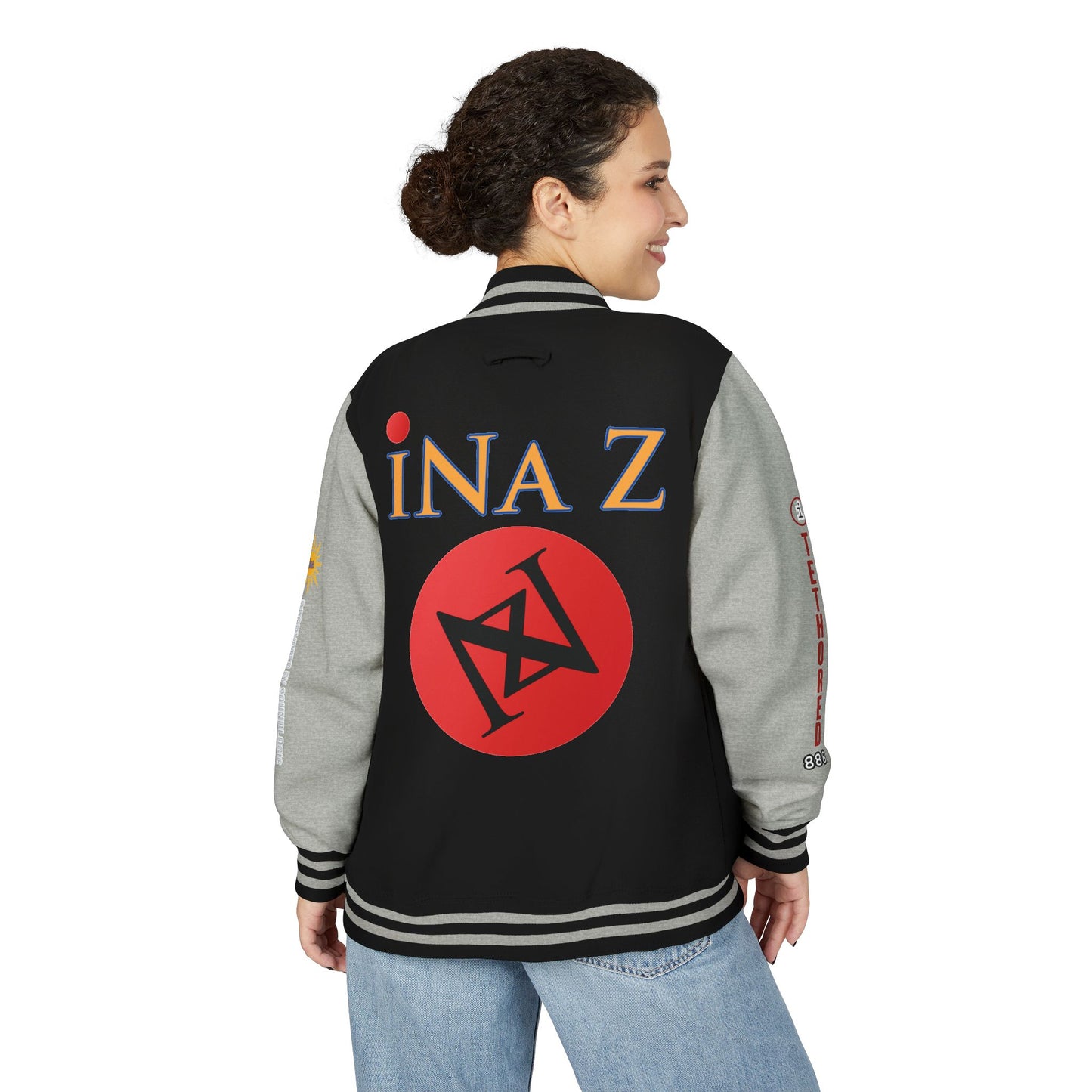 iNa Z Letterman Jacket — INA Z Red & White Varsity Jacket with Logo