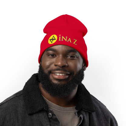 INa Z version ElOm (Yellow) - Embroidered Target Knit Beanie – Cozy Winter Hat with Minimal Red Circle Accent