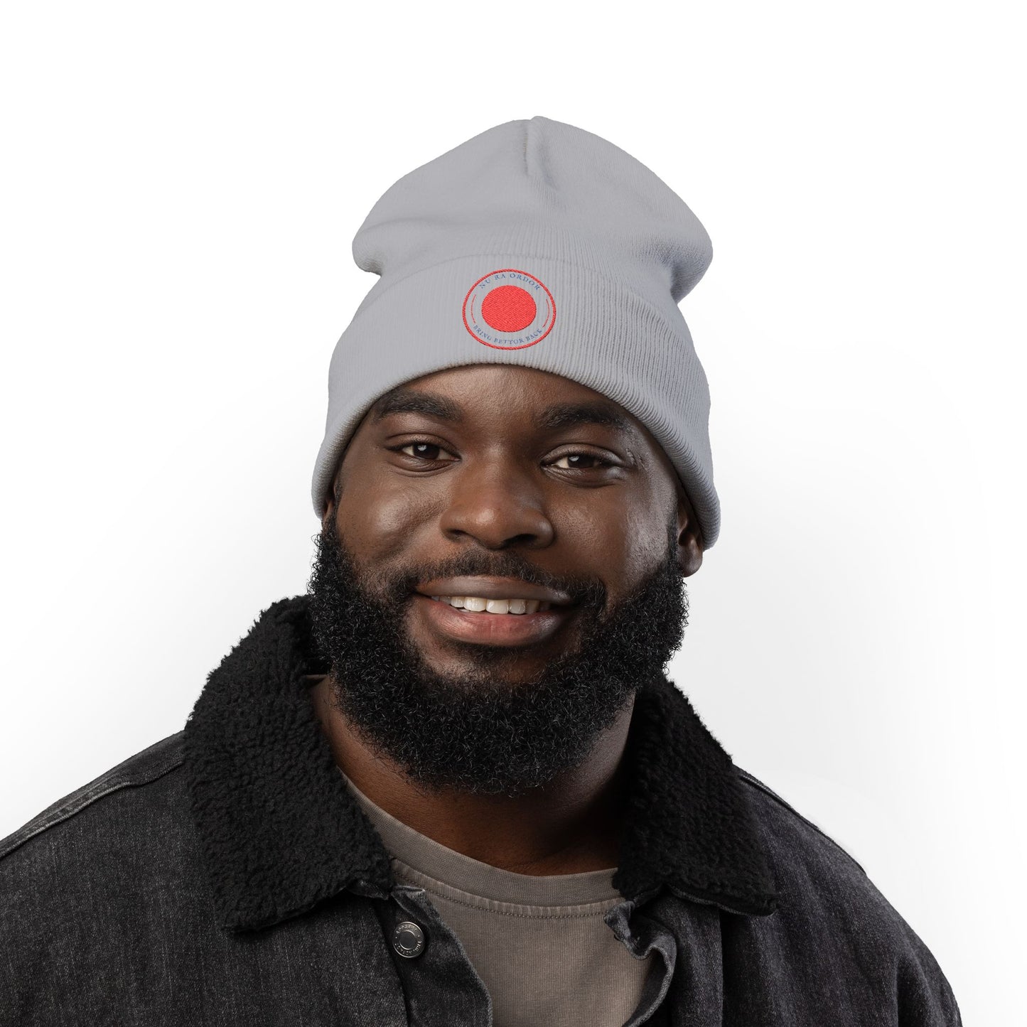 Nu Ra Order -NRO - Embroidered Target Knit Beanie – Cozy Winter Hat with Minimal Red Circle Accent