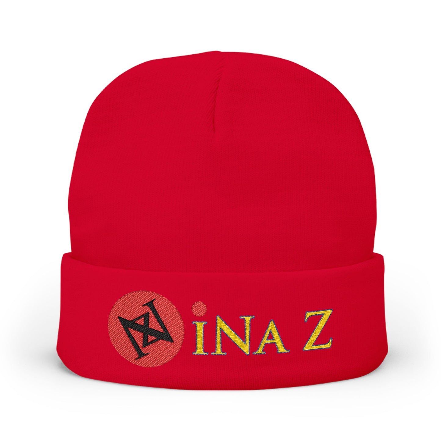 INa Z - Embroidered Target Knit Beanie – Cozy Winter Hat with Minimal Red Circle Accent
