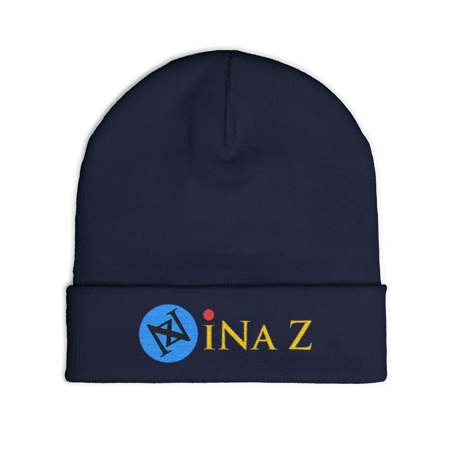 INa Z version BaEl (blue) - Embroidered Target Knit Beanie – Cozy Winter Hat with Minimal Red Circle Accent