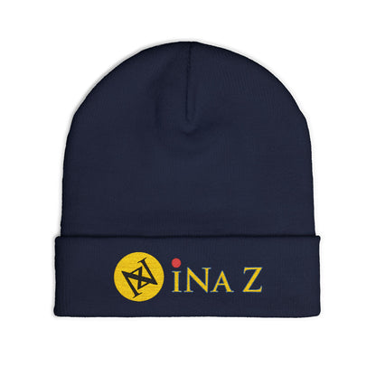INa Z version ElOm (Yellow) - Embroidered Target Knit Beanie – Cozy Winter Hat with Minimal Red Circle Accent