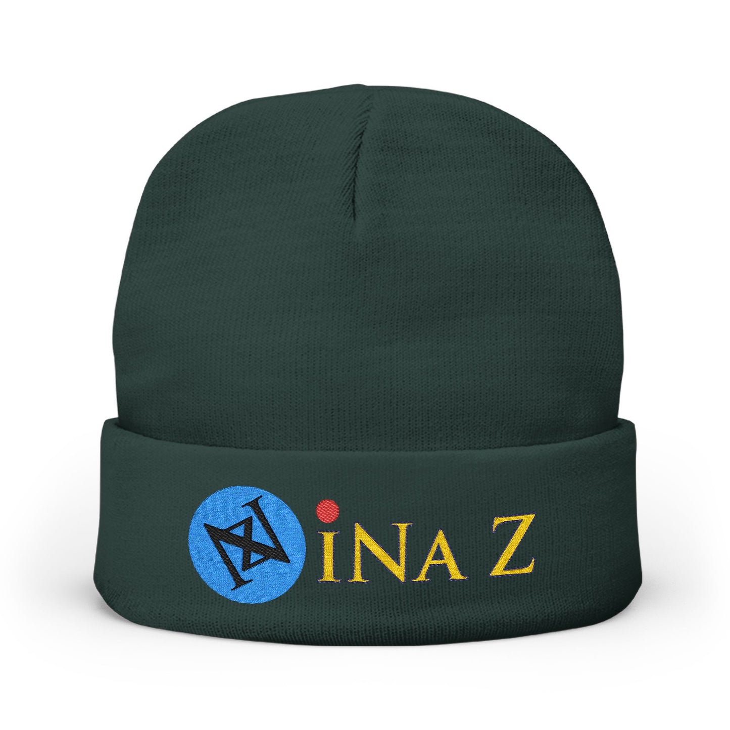 INa Z version BaEl (blue) - Embroidered Target Knit Beanie – Cozy Winter Hat with Minimal Red Circle Accent