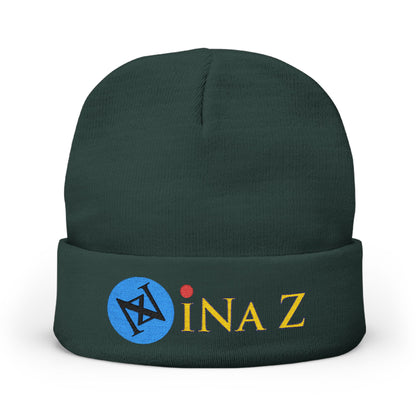 INa Z version BaEl (blue) - Embroidered Target Knit Beanie – Cozy Winter Hat with Minimal Red Circle Accent